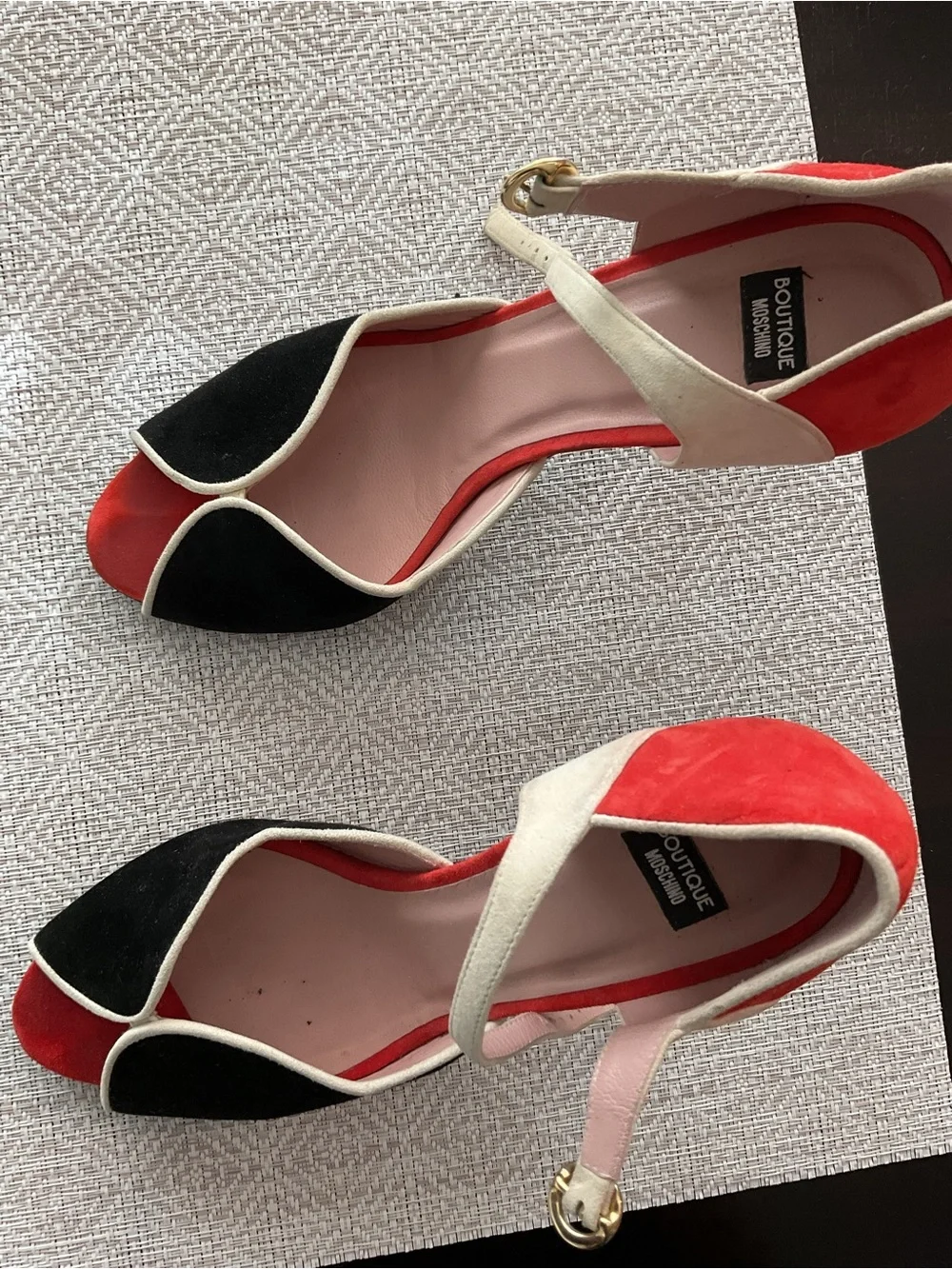 Moschino Colorblock Suede Ankle-Strap Heels in Red, Black & Cream